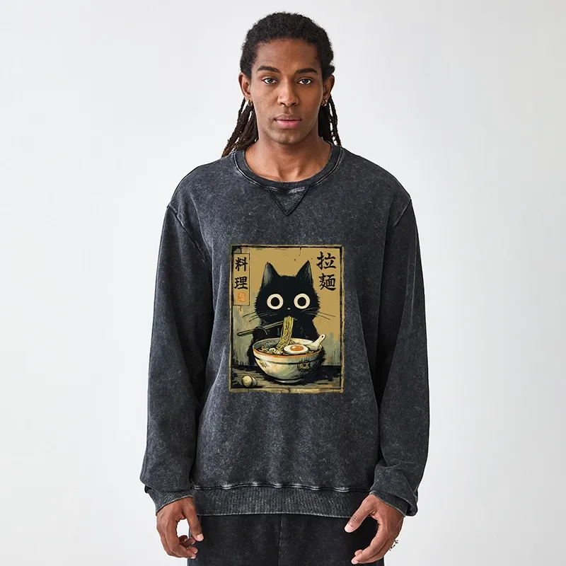 Tokyo-Tiger Cute Black Cat Eating Ramen Japan Washed Terry Sweatshirt