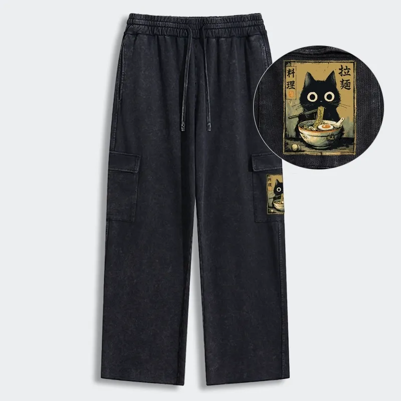 Tokyo-Tiger Cute Black Cat Eating Ramen Japan Washed Utility Sweatpants