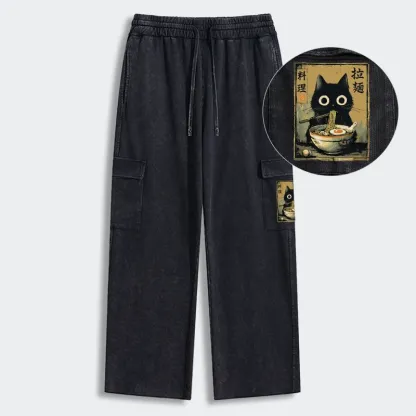 Tokyo-Tiger Cute Black Cat Eating Ramen Japan Washed Utility Sweatpants