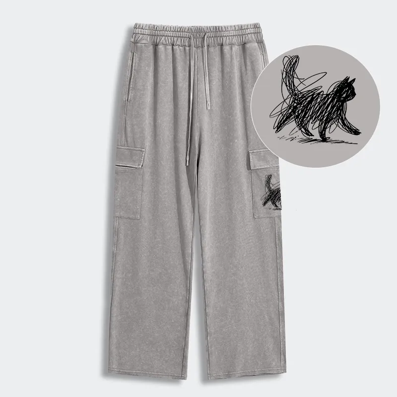 Tokyo-Tiger Minimalist Cat Art Washed Utility Sweatpants