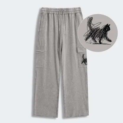 Tokyo-Tiger Minimalist Cat Art Washed Utility Sweatpants