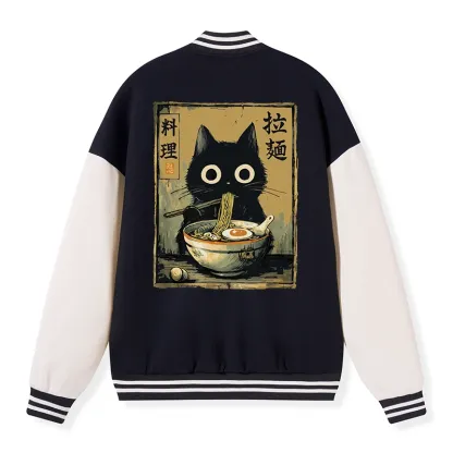 Tokyo-Tiger Cute Black Cat Eating Ramen Japan Embroidery Varsity Jacket