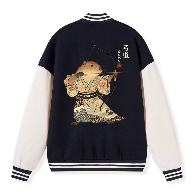 Tokyo-Tiger Capybara Archery Embroidery Varsity Jacket