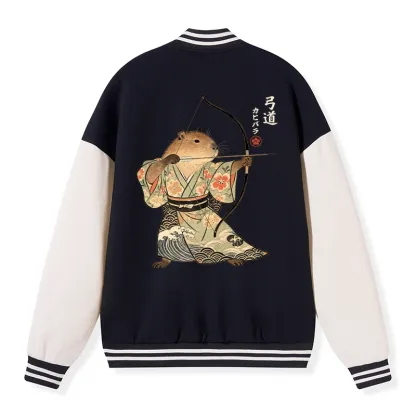 Tokyo-Tiger Capybara Archery Embroidery Varsity Jacket