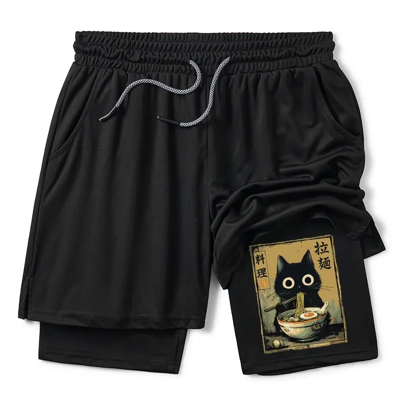 Tokyo-Tiger Cute Black Cat Eating Ramen Japan Training Shorts Sale