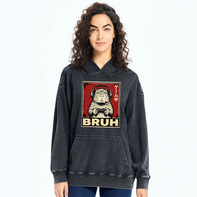 Tokyo-Tiger Funny Capybara Playing Games Washed Hoodie