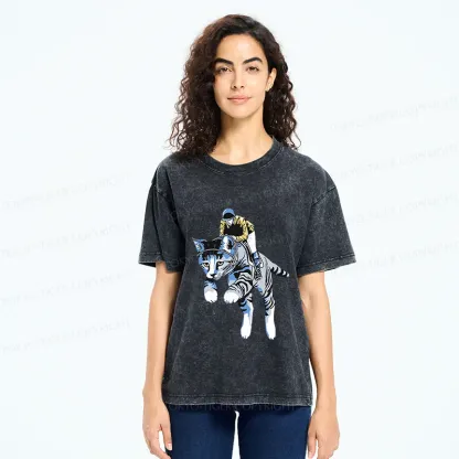 Tokyo-Tiger Cat Riding Skill Washed T-Shirt