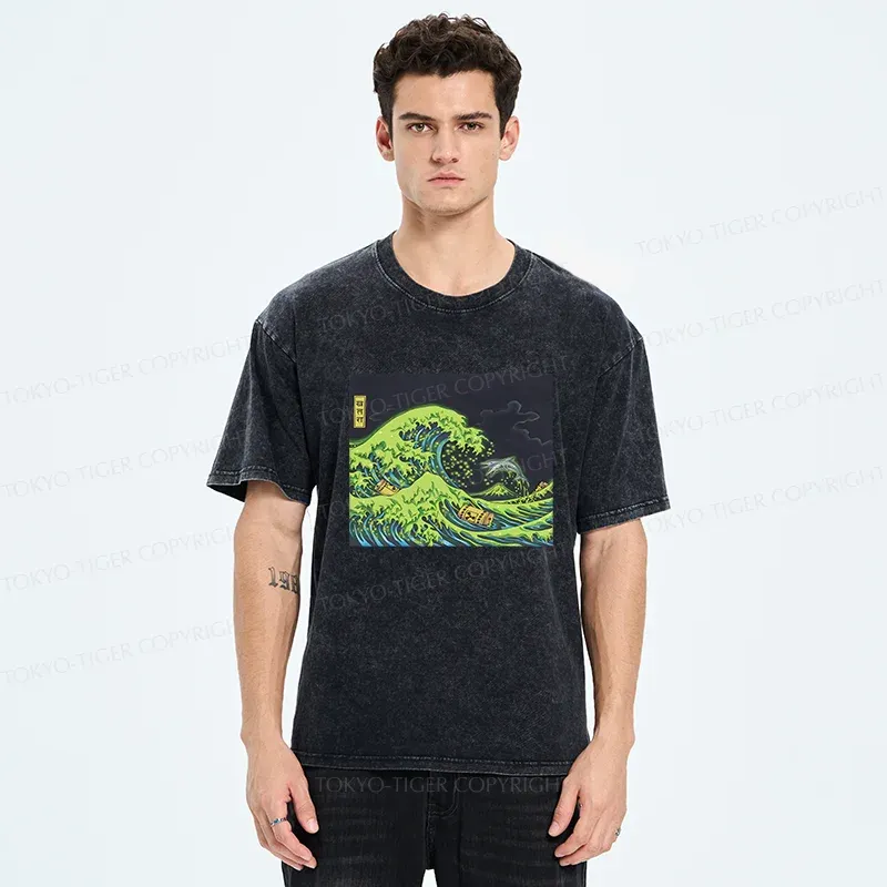 Tokyo-Tiger Polluted Ocean Waves Washed T-Shirt
