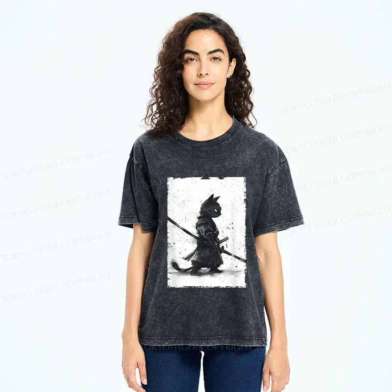 Tokyo-Tiger Retro Cat Samurai Washed T-Shirt