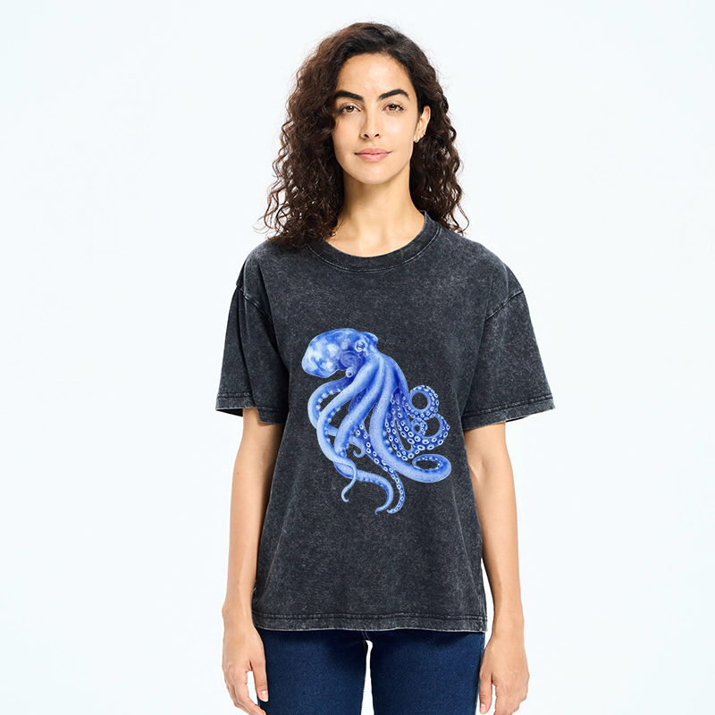 Tokyo-Tiger Retro Blue Octopus Washed T-Shirt