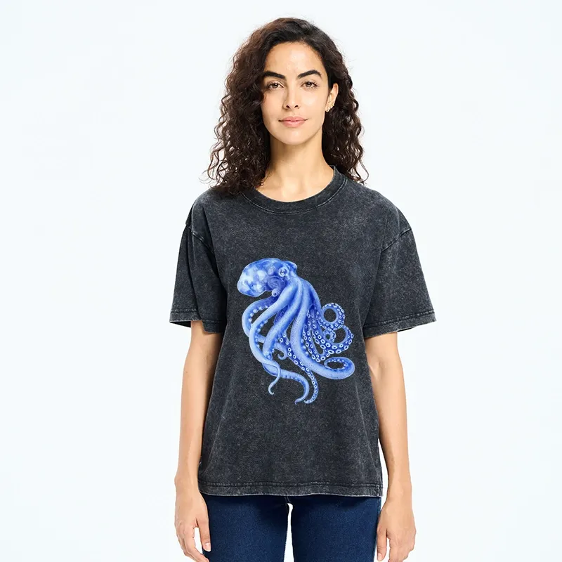 Tokyo-Tiger Retro Blue Octopus Washed T-Shirt