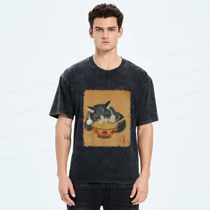 Tokyo-Tiger Vintage Black Cat Eat Ramen Washed T-Shirt