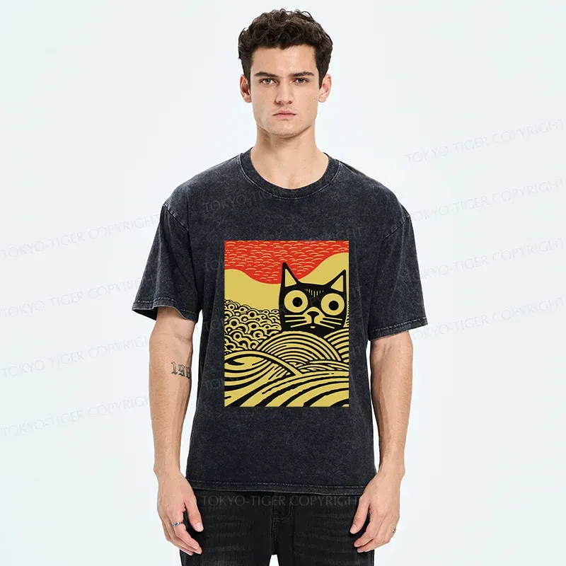 Tokyo-Tiger Woodcut Cat and Wave Washed T-Shirt