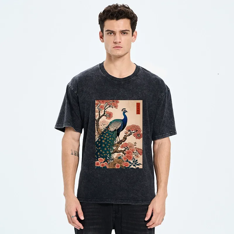 Tokyo-Tiger Vintage Peacock Woodblock Print Washed T-Shirt
