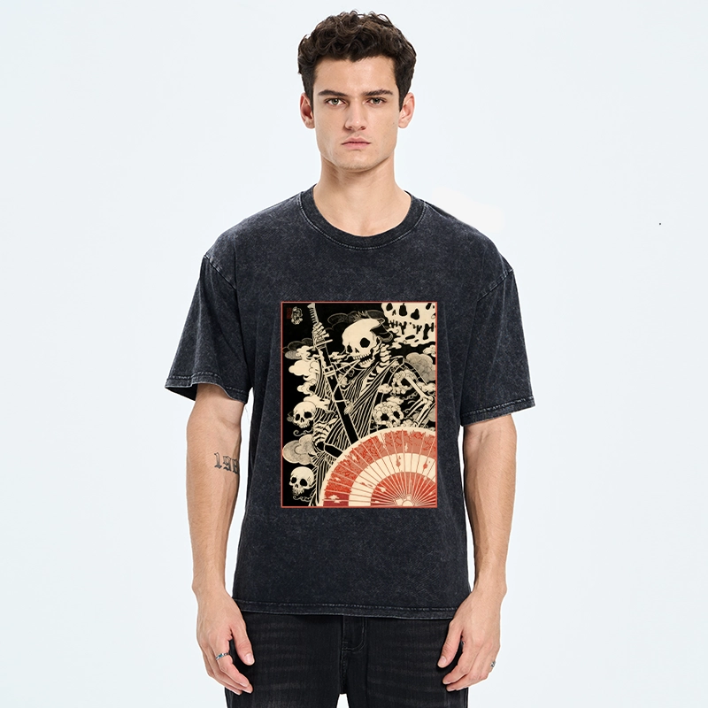 Tokyo-Tiger Dark Samurai Skeleton Art Washed T-Shirt
