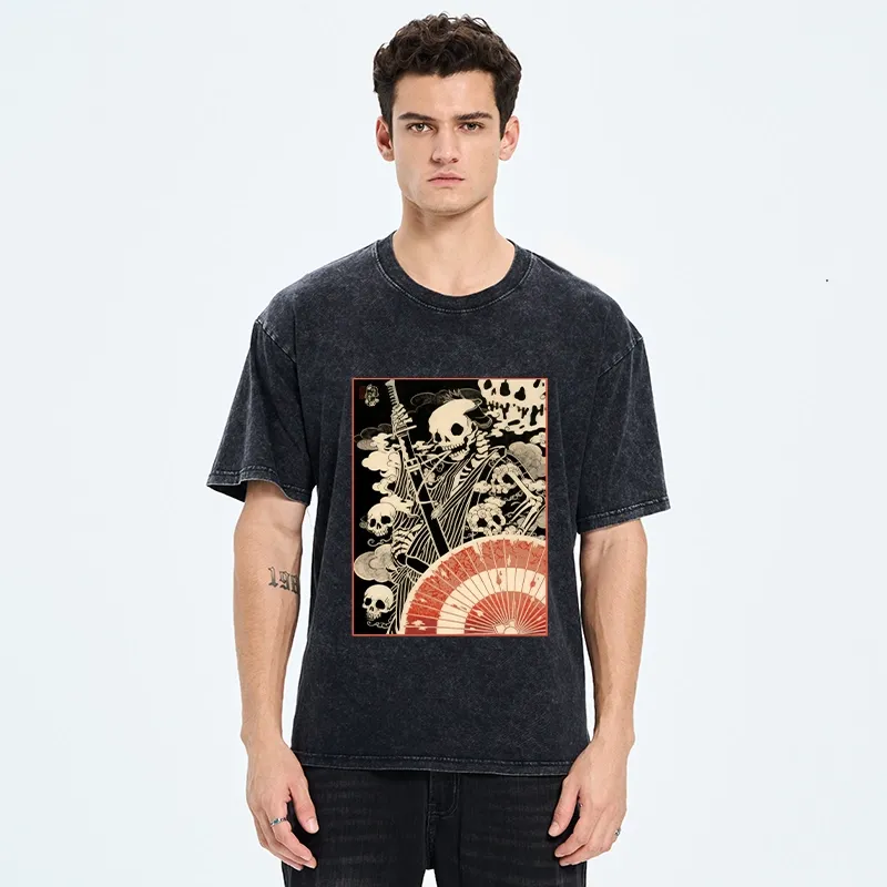 Tokyo-Tiger Dark Samurai Skeleton Art Washed T-Shirt
