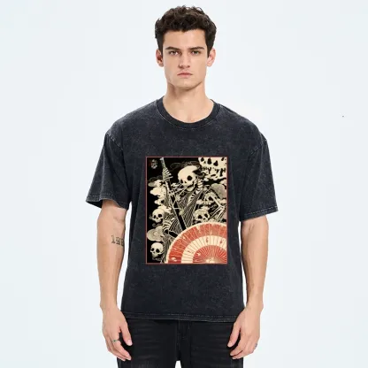 Tokyo-Tiger Dark Samurai Skeleton Art Washed T-Shirt