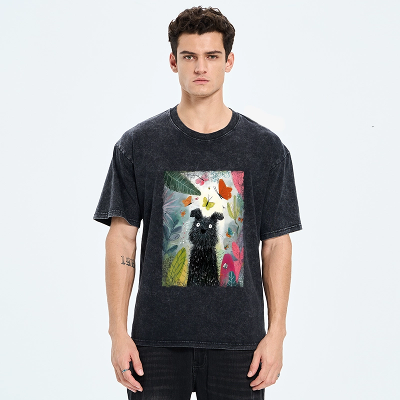 Tokyo-Tiger Black Dog Among Colorful Butterflies Washed T-Shirt