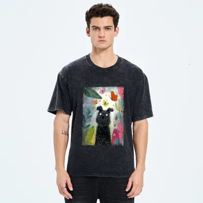Tokyo-Tiger Black Dog Among Colorful Butterflies Washed T-Shirt