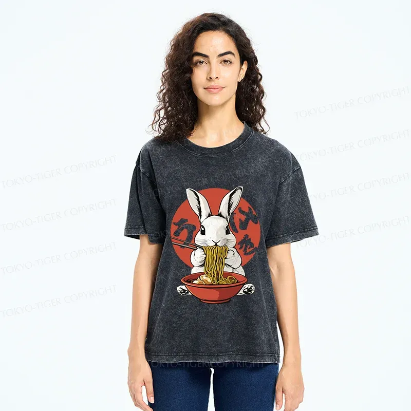 Tokyo-Tiger Rabbit Eating Ramen Washed T-Shirt