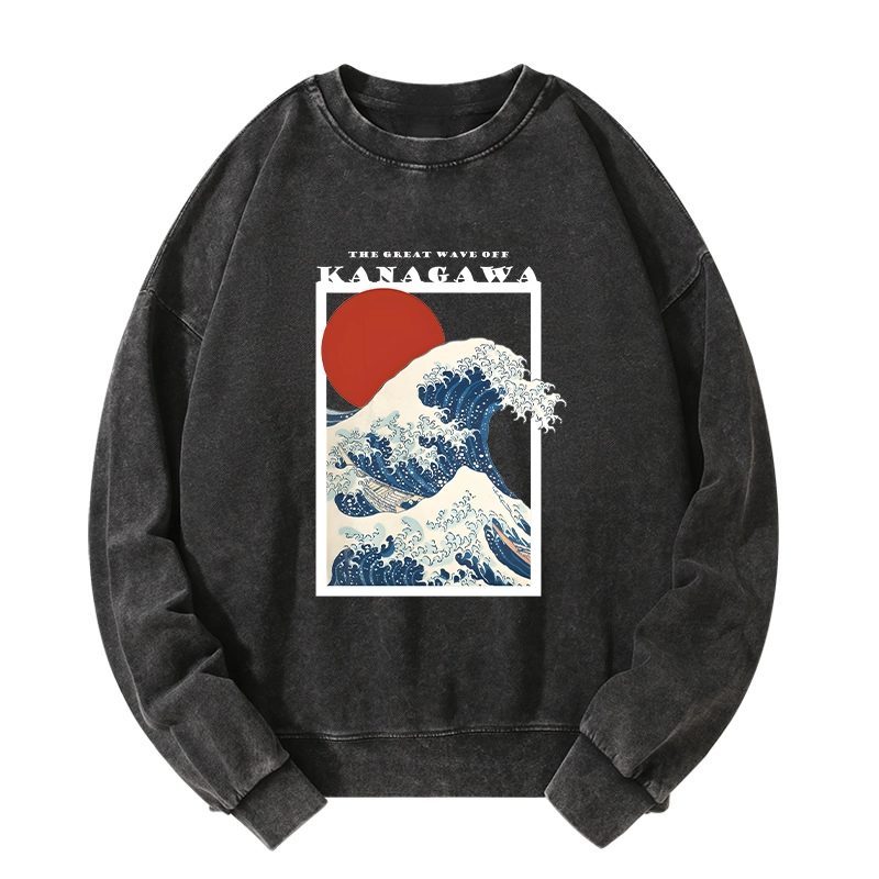 Tokyo-Tiger Minimalist Ukiyo-e Waves Washed Sweatshirt