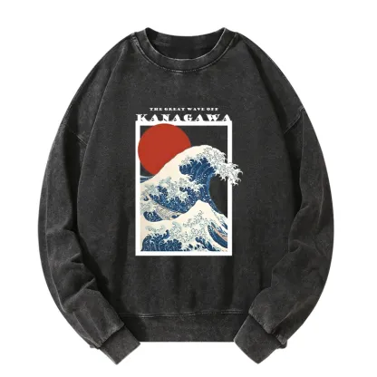 Tokyo-Tiger Minimalist Ukiyo-e Waves Washed Sweatshirt