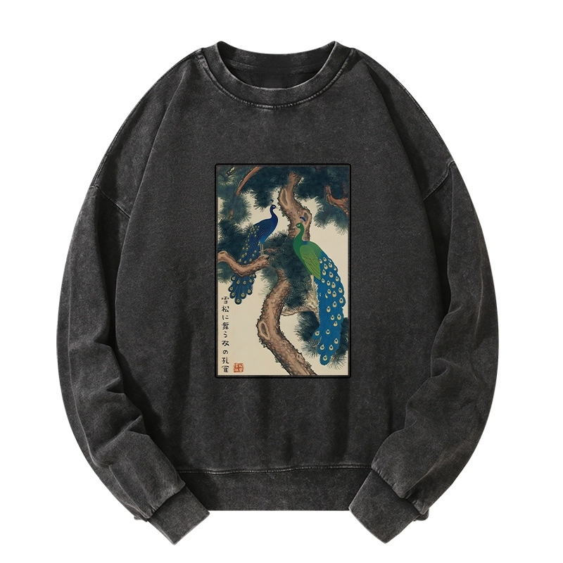 Tokyo-Tiger Peacocks in Snowy Pines Washed Sweatshirt