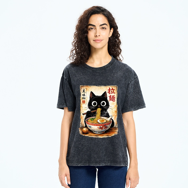 Tokyo-Tiger Cute Cat Slurping Ramen Washed T-Shirt