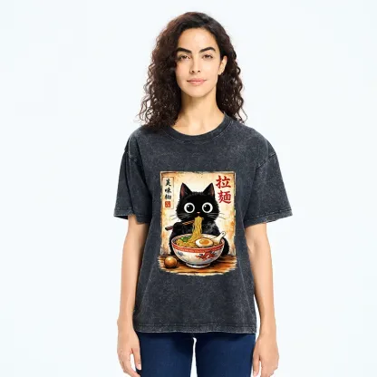Tokyo-Tiger Cute Cat Slurping Ramen Washed T-Shirt