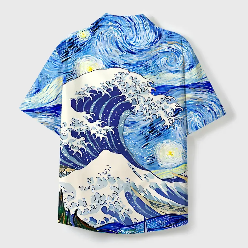 Tokyo-Tiger Waves Under The Starry Night Cuban Collar Shirt