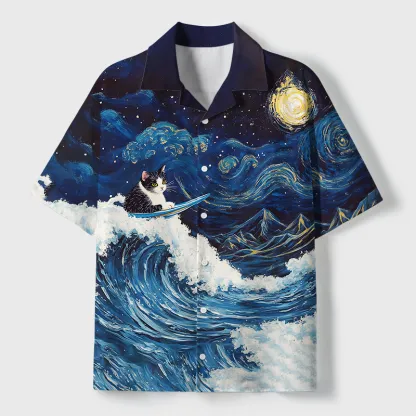 Tokyo-Tiger The Great Wave Off Cat Cuban Collar Shirt