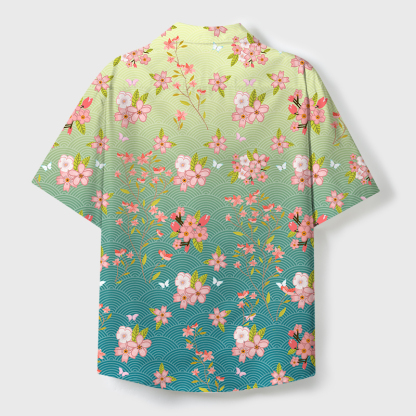 Tokyo-Tiger Sakura Blossom Waves Cuban Collar Shirt