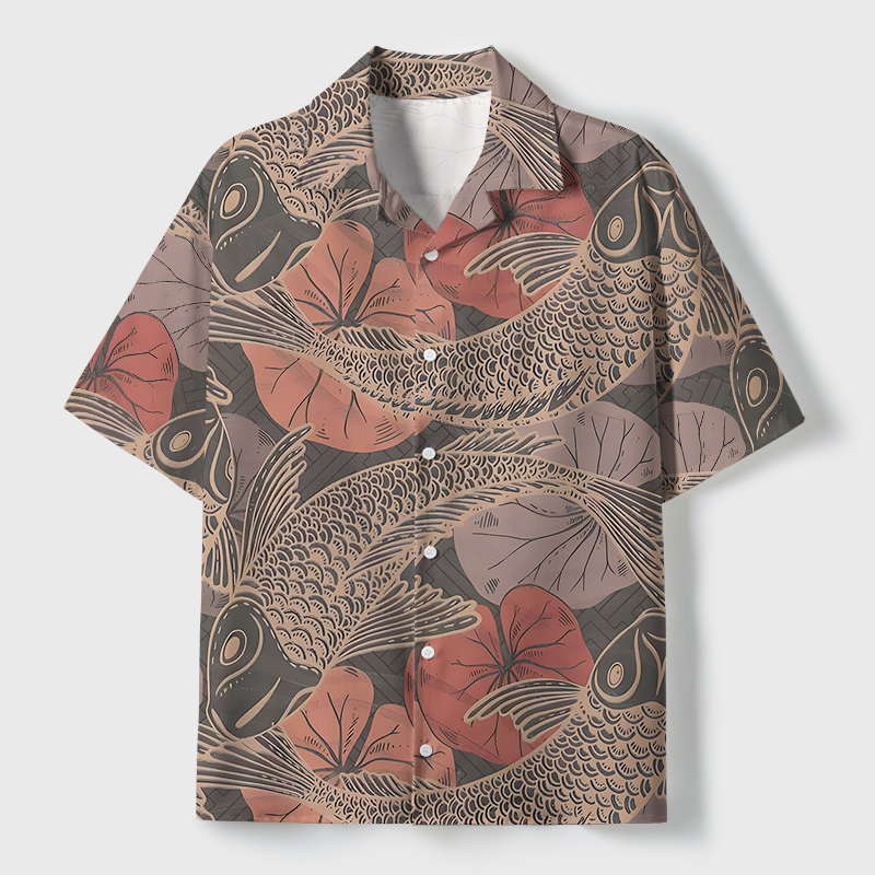 Tokyo-Tiger Swimming Koi Cuban Collar Shirt