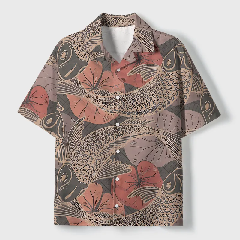 Tokyo-Tiger Swimming Koi Cuban Collar Shirt