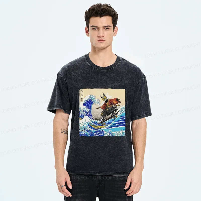 Tokyo-Tiger Surfing Machine Cat Washed T-Shirt