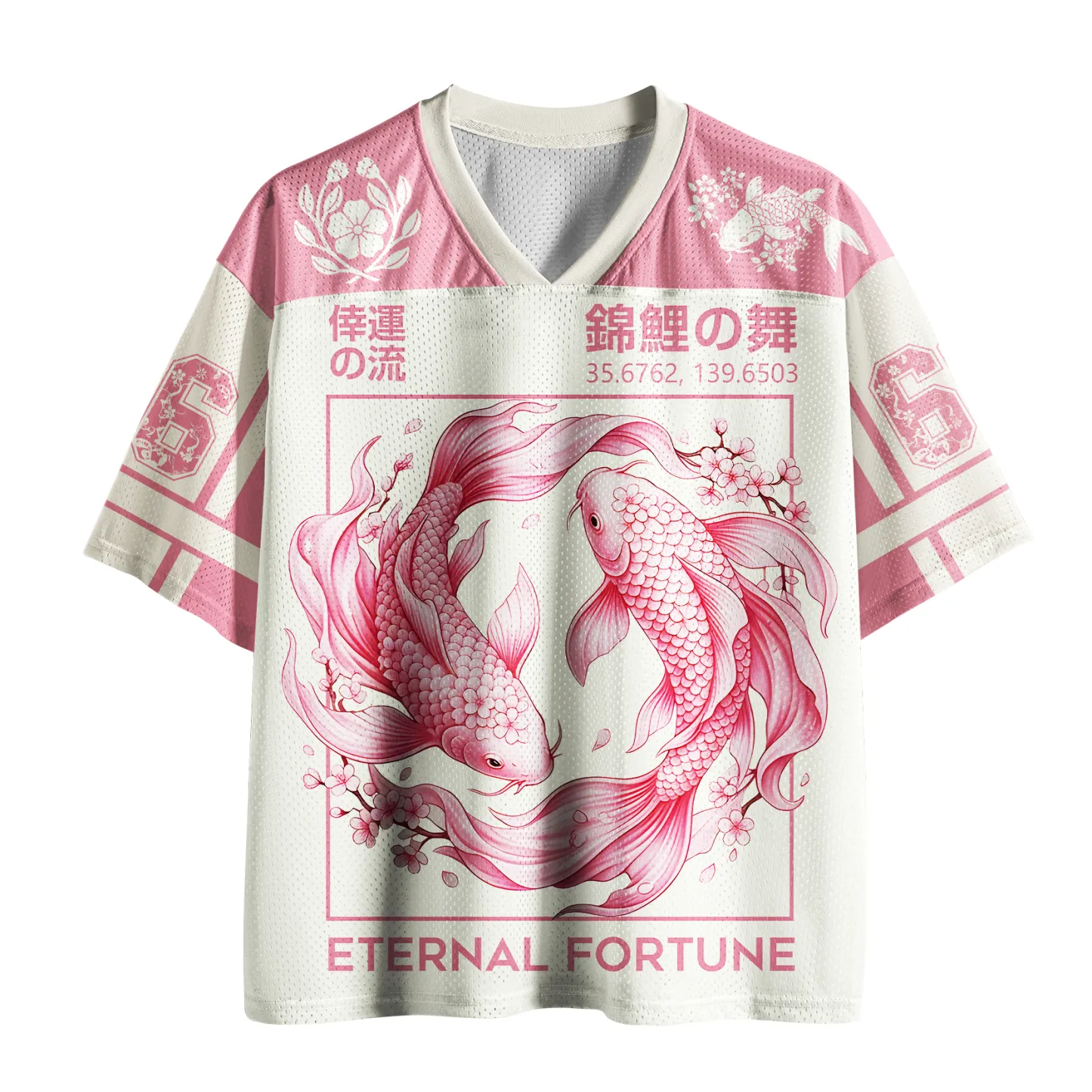 Tokyo-Tiger Sakura Flow: Twin Koi Mesh Jersey