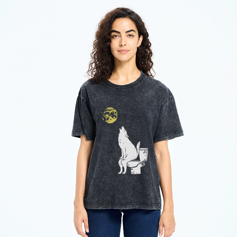 Tokyo-Tiger Wolf Howling At Moon On Toilet Washed T-Shirt