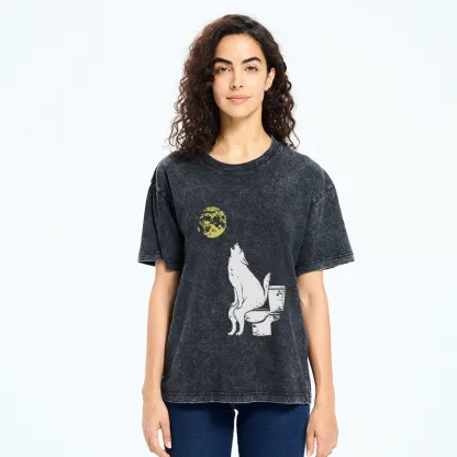 Tokyo-Tiger Wolf Howling At Moon On Toilet Washed T-Shirt