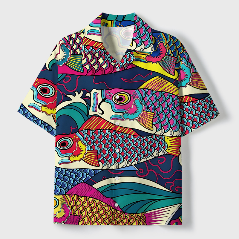 Tokyo-Tiger Colorful Japanese Koinobori Cuban Collar Shirt