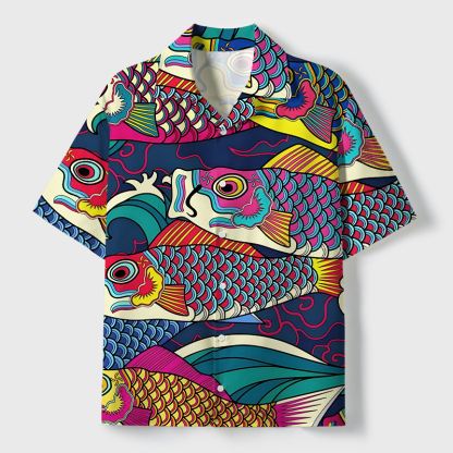Tokyo-Tiger Colorful Japanese Koinobori Cuban Collar Shirt