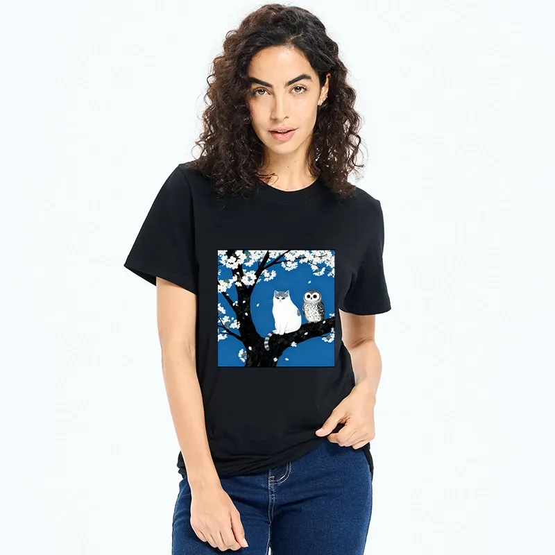 Tokyo-Tiger Cat And Owl Under Sakura Classic T-Shirt