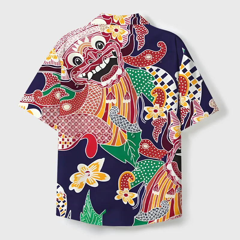 Tokyo-Tiger Japanese Demon Mask Cuban Collar Shirt