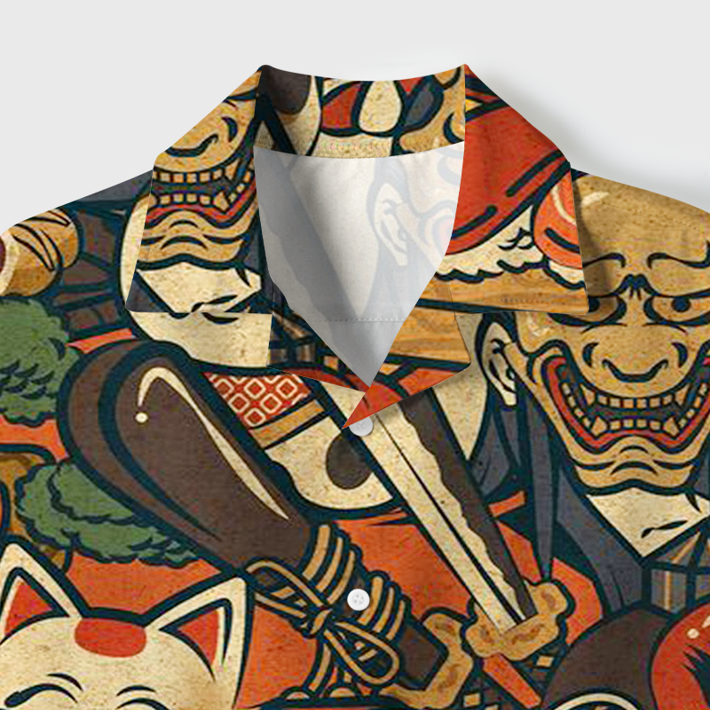 Tokyo-Tiger Japanese Traditional Elements Cuban Collar Shirt