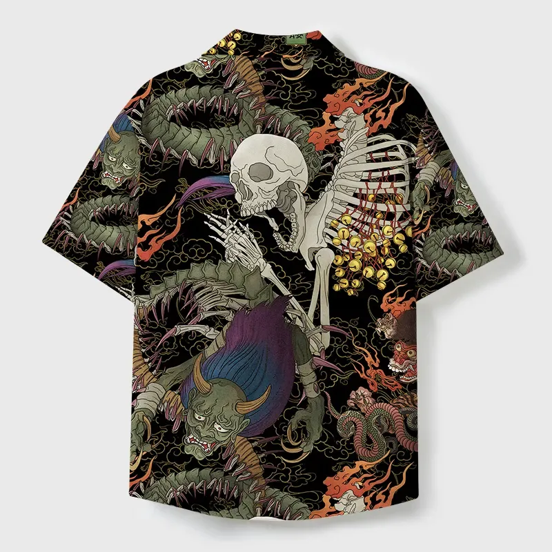 Tokyo-Tiger Japanese Yokai And Skeletons Cuban Collar Shirt