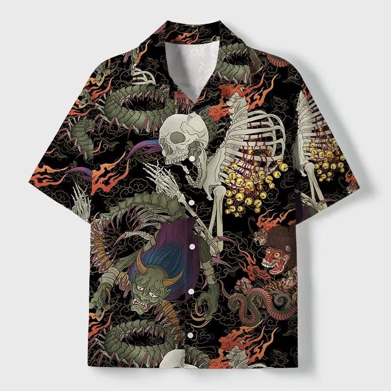 Tokyo-Tiger Japanese Yokai And Skeletons Cuban Collar Shirt