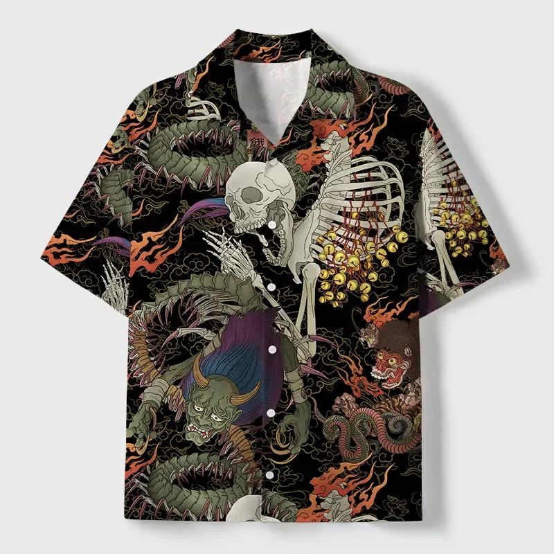 Tokyo-Tiger Japanese Yokai And Skeletons Cuban Collar Shirt