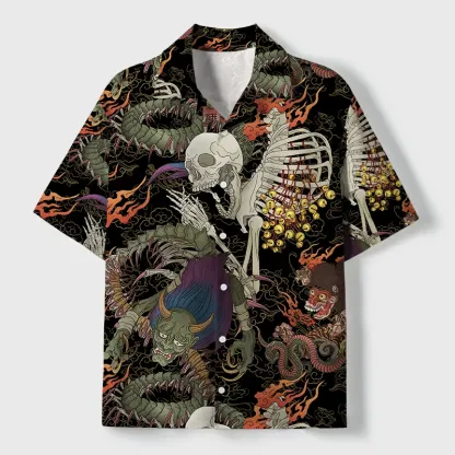 Tokyo-Tiger Japanese Yokai And Skeletons Cuban Collar Shirt
