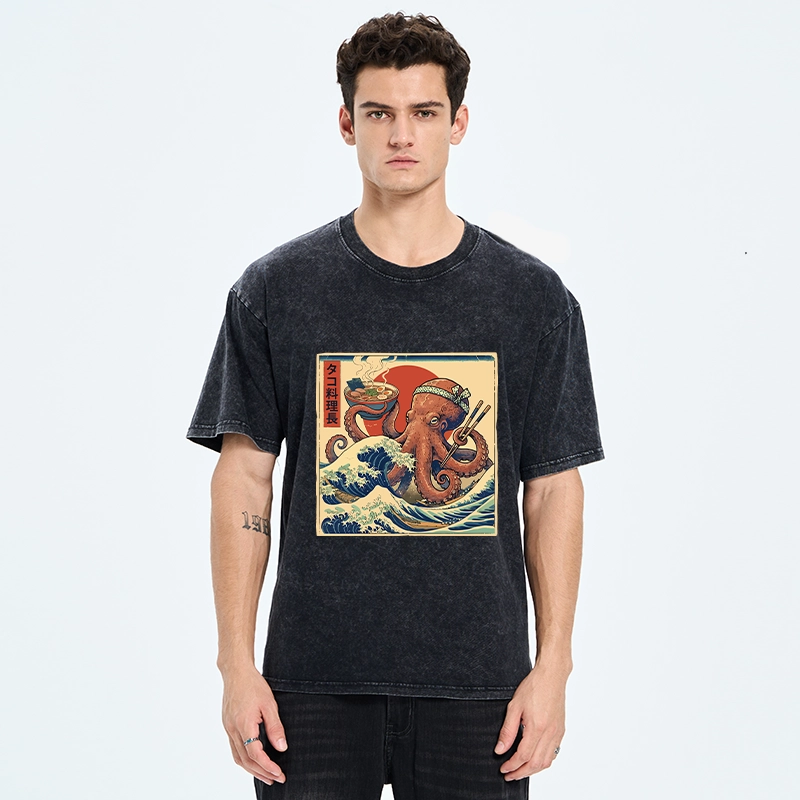 Tokyo-Tiger Ukiyo-E Octopus Ramen Master Washed T-Shirt