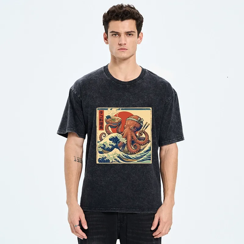 Tokyo-Tiger Ukiyo-E Octopus Ramen Master Washed T-Shirt