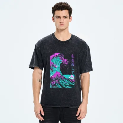 Tokyo-Tiger Neon Great Wave Off Kanagawa Washed T-Shirt
